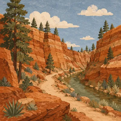 Winding Desert Canyon Path with Evergreen Pines