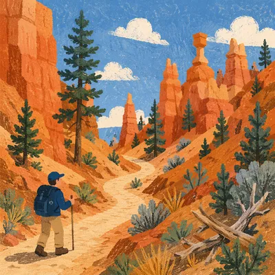 Winding Desert Canyon Path with Evergreens