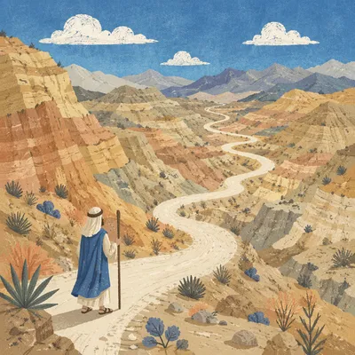 Winding Desert Canyon Path Under Blue Sky