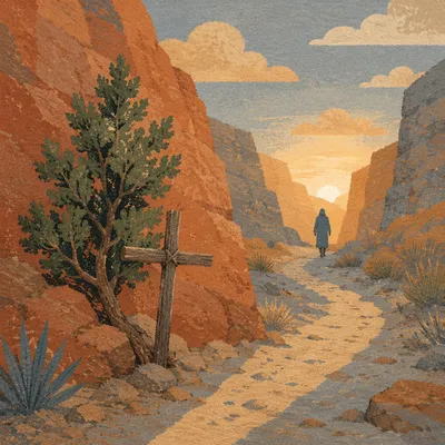 Desert Canyon Path with Evergreen Cross