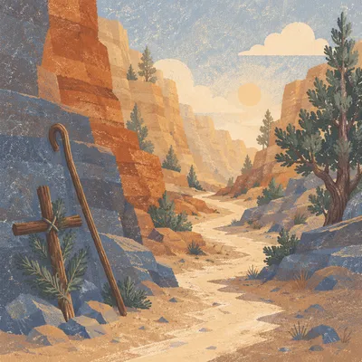 Evergreen Canyon Path with Wooden Cross