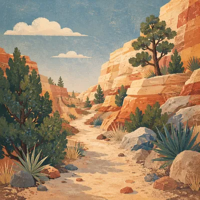 Evergreen Canyon Desert Path at Dawn