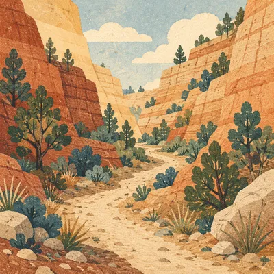 Evergreen Desert Path Through Sandstone Canyon