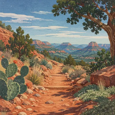Evergreen Desert Canyon Path at Sunrise