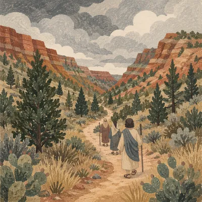 Desert Canyon Path with Evergreen Pines