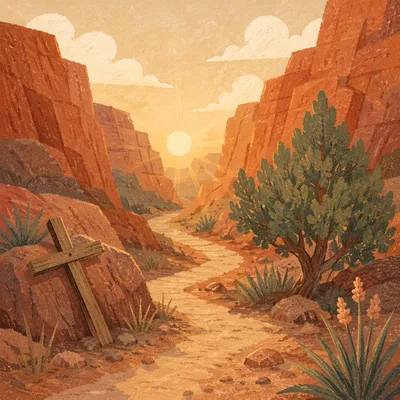 Desert Canyon Path with Evergreen Cross