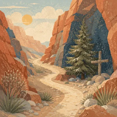 Evergreen Cross on Winding Desert Canyon Path