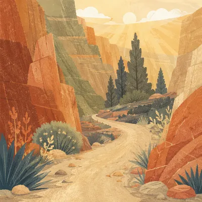 Evergreen Junipers Along a Desert Canyon Path