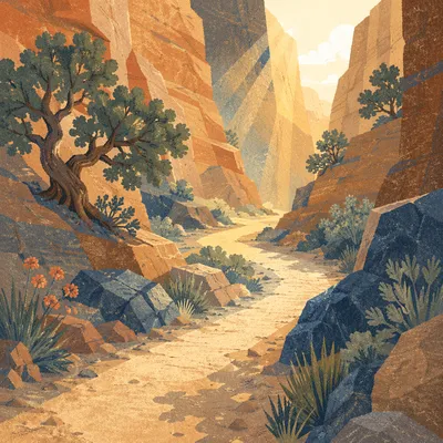 Evergreen Junipers Along Desert Canyon Path