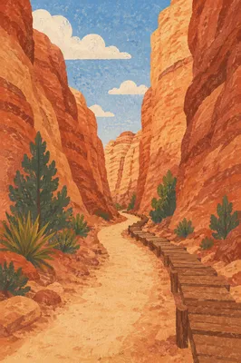 Winding Desert Canyon Path with Evergreen Shrubs
