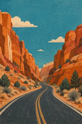 Winding Desert Canyon Road with Evergreens