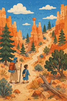 Winding Desert Canyon Path with Evergreens