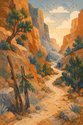 Evergreen Canyon Path with Wooden Cross