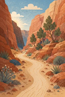 Evergreen Junipers Along Desert Canyon Path