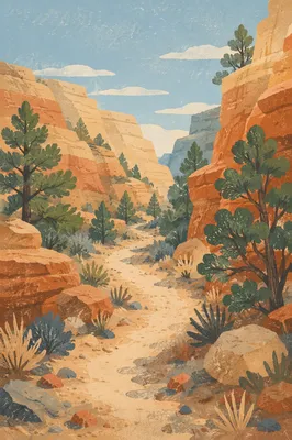Evergreen Desert Path Through Sandstone Canyon