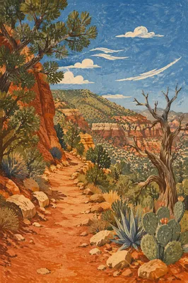 Desert Canyon Path Framed by Evergreens
