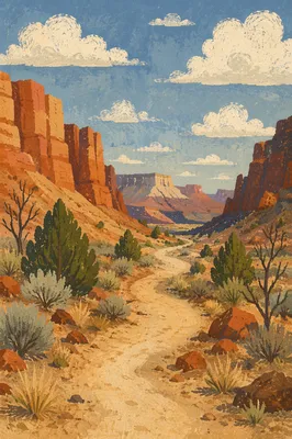 Desert Canyon Path with Evergreen Shrubs