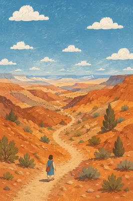 Winding Desert Canyon Path with Evergreens