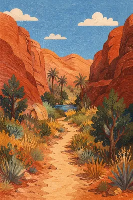 Desert Canyon Path with Evergreen Oasis