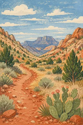 Winding Desert Canyon Path with Evergreens