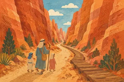 Winding Desert Canyon Path With Evergreens