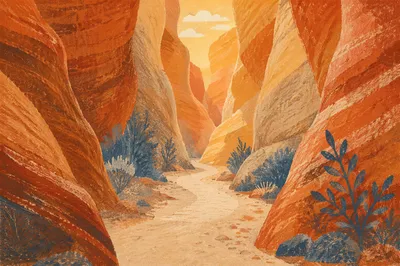 Winding Desert Path Through Glowing Slot Canyon
