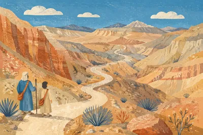 Winding Desert Canyon Path Under Blue Sky