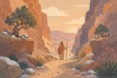 Prayerful Desert Canyon Path with Evergreens