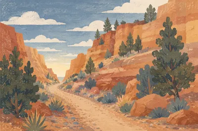 Evergreen Desert Path Through Morning Canyon