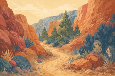 Evergreen Desert Path Through Sandstone Canyon