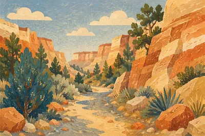 Evergreen Desert Path Through Sandstone Canyon