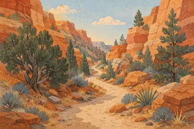 Evergreen Desert Path Through Sandstone Canyon