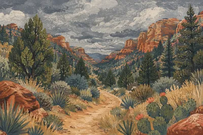 Evergreen Desert Path Through Rugged Canyon