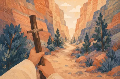 Evergreen Canyon Path with Wooden Cross Staff
