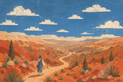 Winding Desert Canyon Path with Evergreens