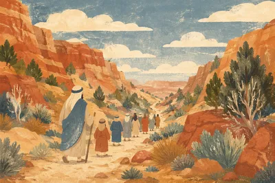 Winding Desert Canyon Path with Evergreens