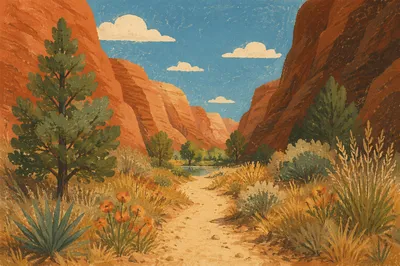 Winding Desert Path Through Evergreen Canyon