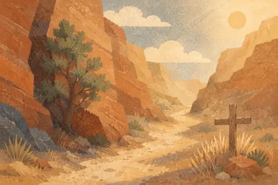 Desert Canyon Path with Evergreen and Cross