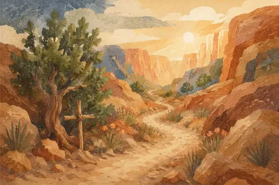 Desert Canyon Path with Evergreen Cross