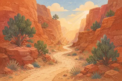 Evergreen Junipers Along Desert Canyon Path