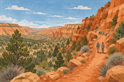 Winding Desert Canyon Trail with Evergreen Valley