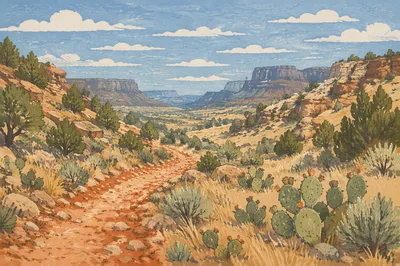 Winding Desert Canyon Path with Juniper