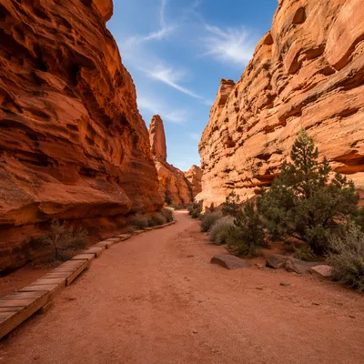 Desert Canyon Path With Evergreen Shrubs