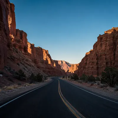 Desert Road Through Sunlit Sandstone Canyon