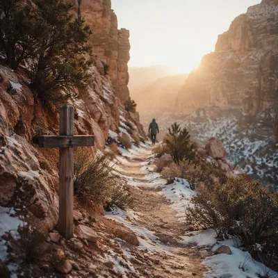 Desert Canyon Path with Evergreen Faith