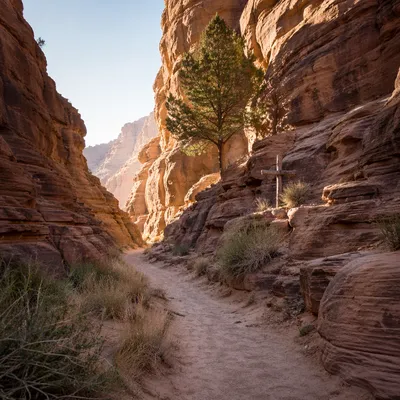 Evergreen Cross Along Desert Canyon Path
