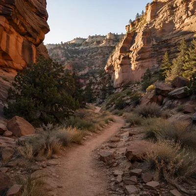 Evergreen Desert Path Through Sandstone Canyon