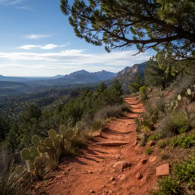 Winding Desert Canyon Path with Evergreens