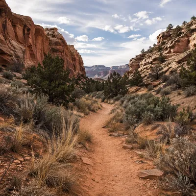 Winding Desert Canyon Path With Junipers