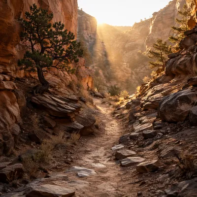 Desert Canyon Path With Evergreen Junipers